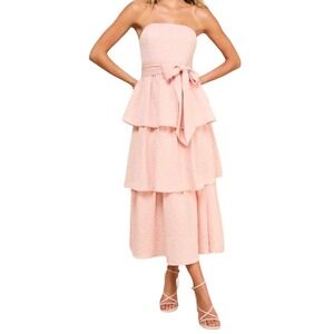 LULUS Strapless Ruffled Tiered Midi Dress Pink Textured‎ Bow Waist NWT M
